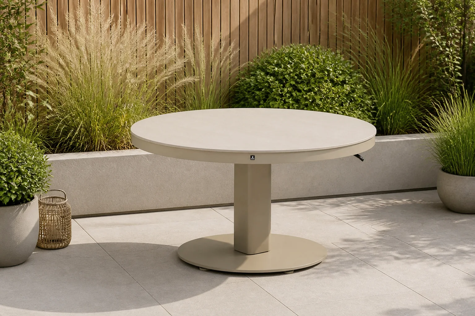 Sfeerfoto van Coco Tivano in hoogte verstelbare tuintafel 90 cm – Zand/Beige