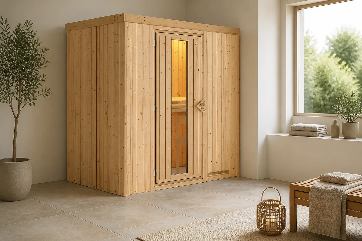 Sfeerfoto van Karibu | Nanja Sauna met Dakkraag | Energiesparende Deur | Kachel 3,6 kW Externe Bediening