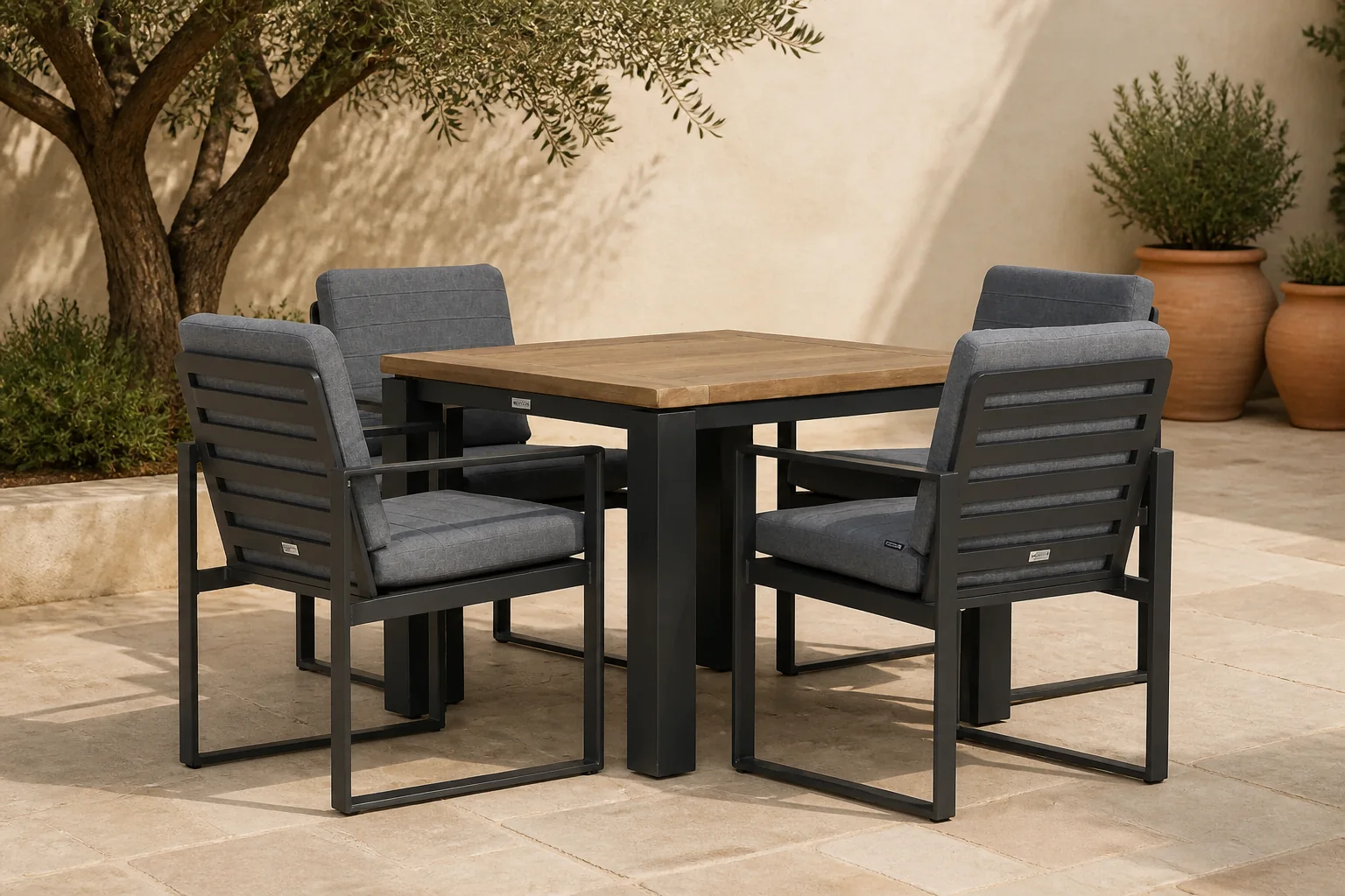 Sfeerfoto van Santika Furniture Zaga/Veneto 90 cm dining tuinset 5-delig – Grijs-antraciet