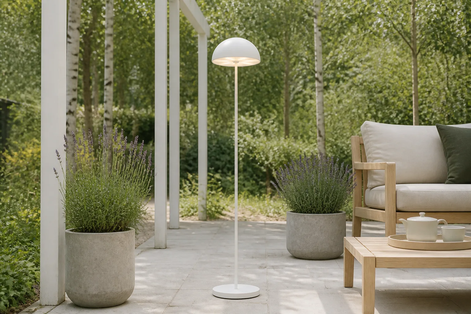 Sfeerfoto van Buiten vloerlamp mushroom wit oplaadbaar 3-staps dimbaar Keira