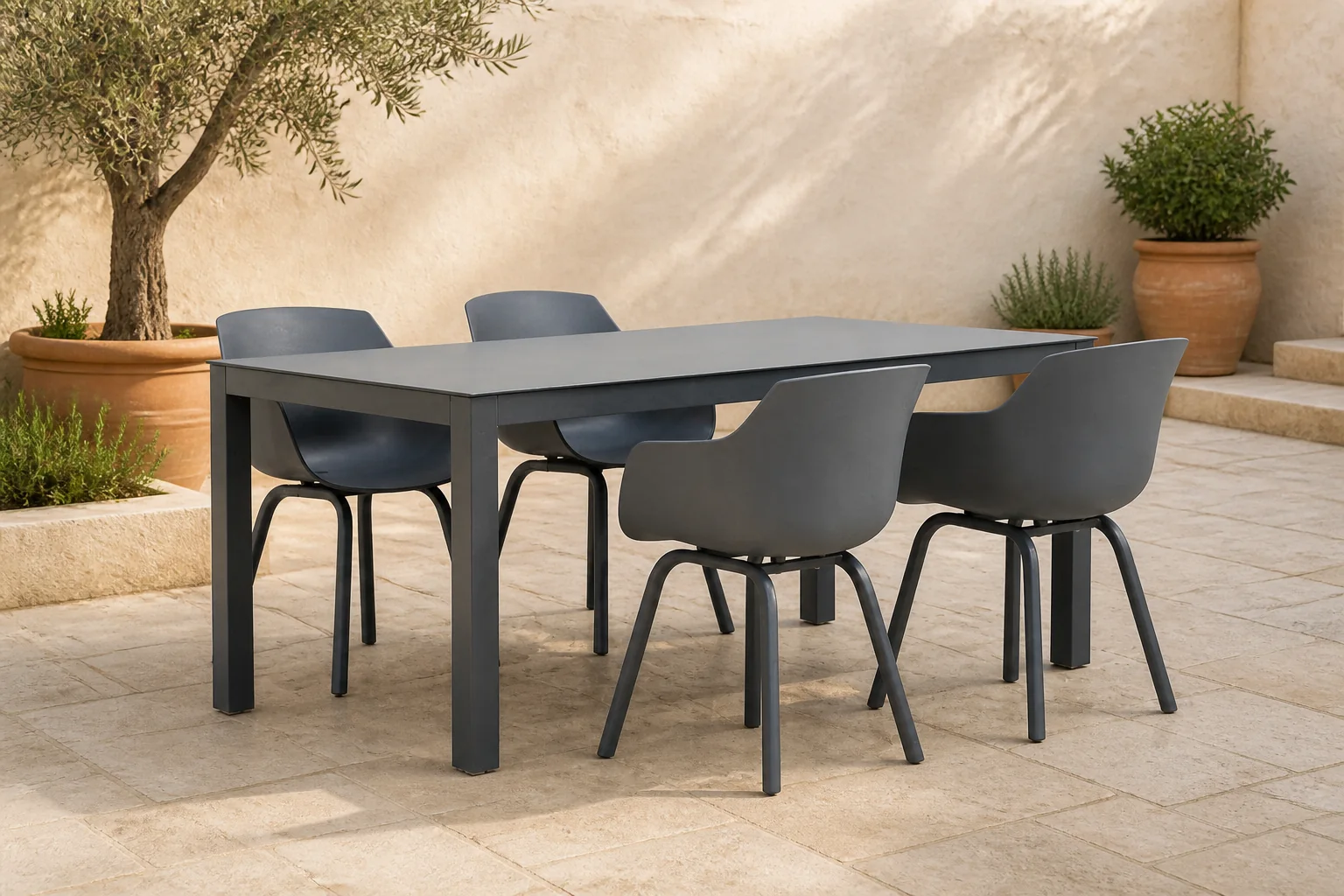 Sfeerfoto van Lifestyle Garden Furniture Salina/Madras 180 cm dining tuinset 5-delig – Grijs-antraciet