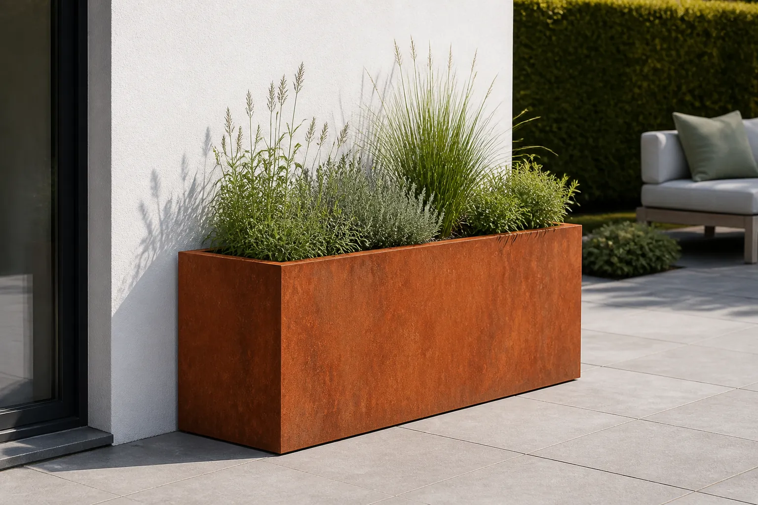 Sfeerfoto van Geroba Artesa Rechthoekige plantenbak cortenstaal L100 x B40 x H80 cm – bruin