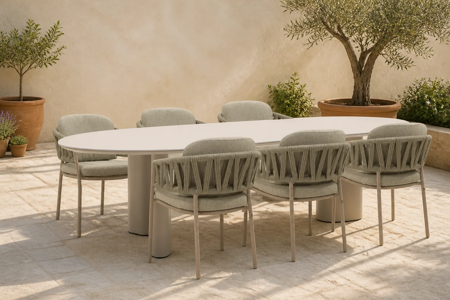 Sfeerfoto van 4 Seasons Outdoor Calma/Weave 240×120 cm dining tuinset 7-delig – Zand/Beige