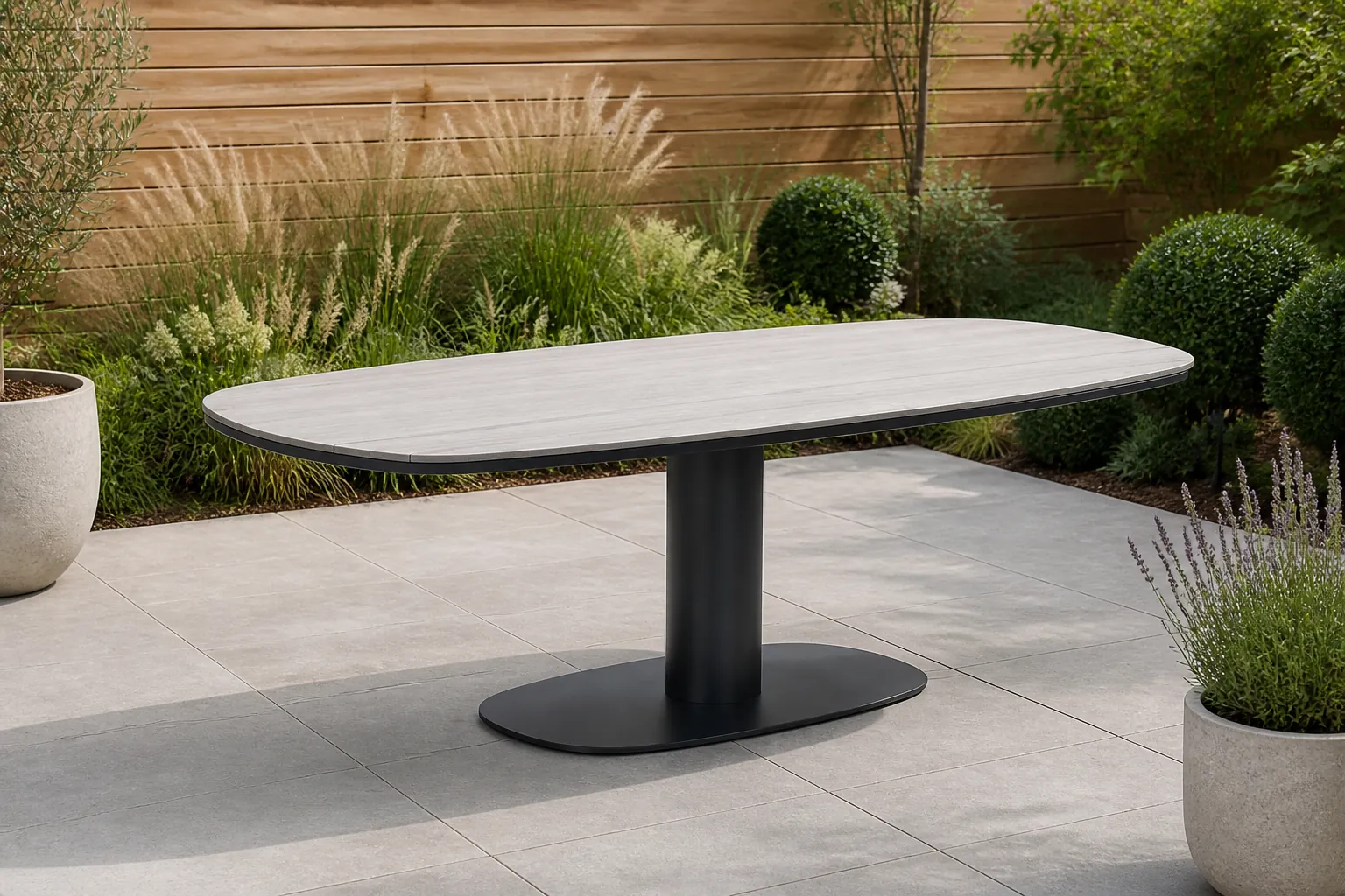 Sfeerfoto van Garden Impressions Newton drum dining tuintafel 230×110 cm carbon black – Antraciet