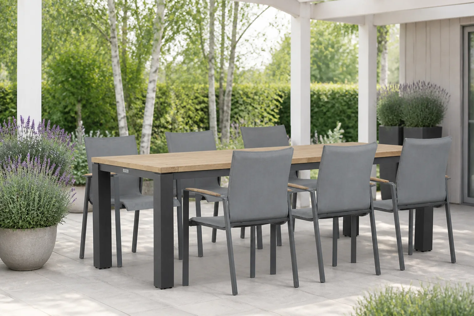 Sfeerfoto van Lifestyle Garden Furniture Brandon/Veneto 230 cm dining tuinset 7-delig – Grijs-antraciet