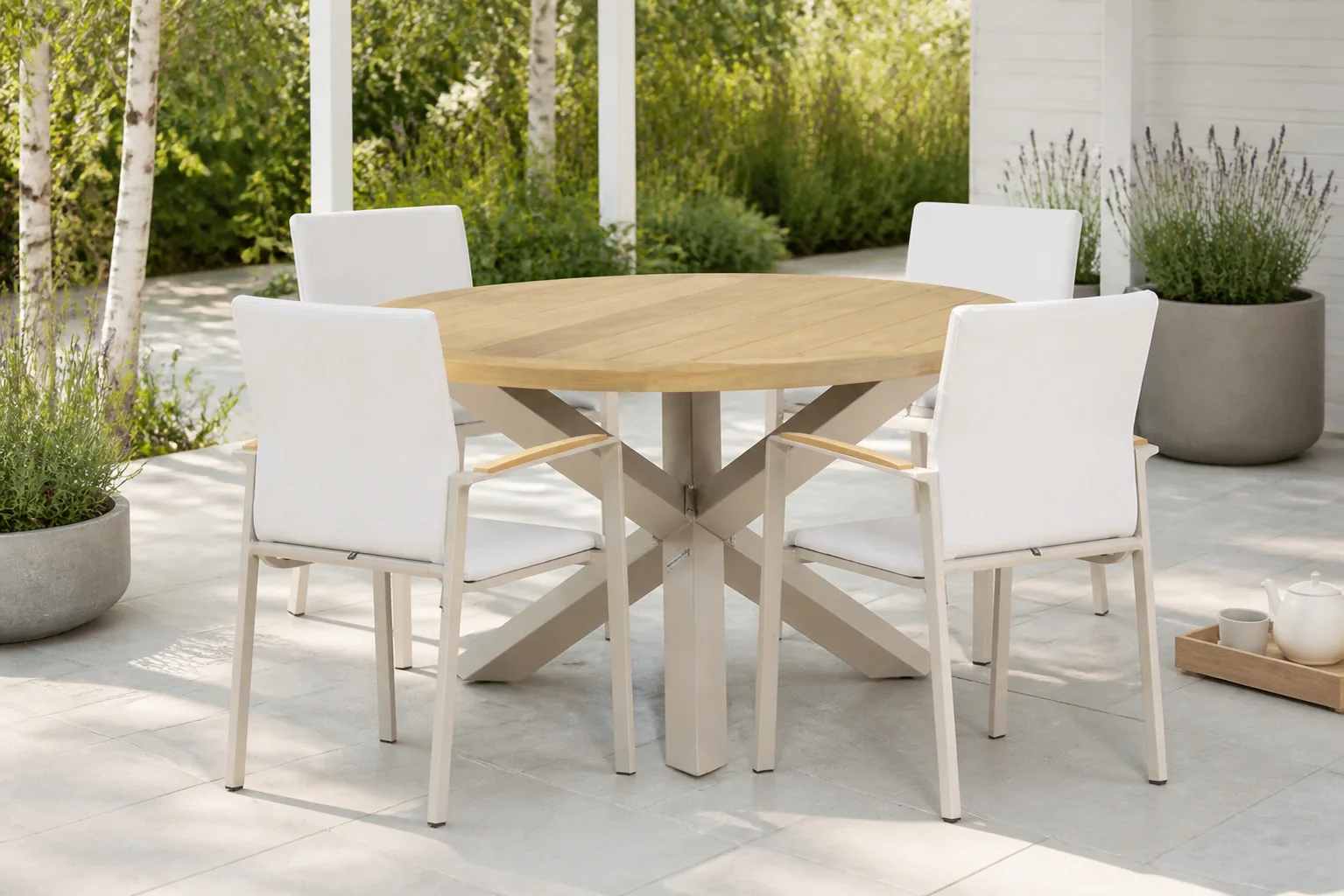 Sfeerfoto van Lifestyle Garden Furniture Brandon/Rockville 120 cm dining tuinset 5-delig – Taupe-naturel-bruin