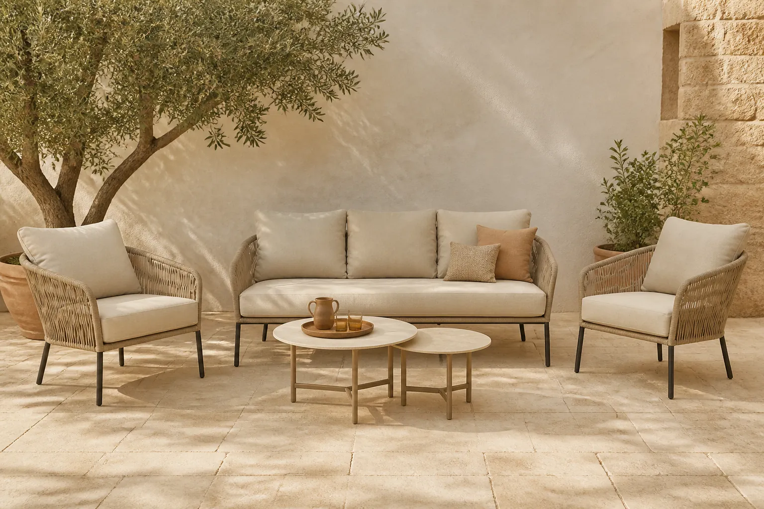 Sfeerfoto van BUITEN living Mara stoel-bank loungeset 5 personen incl. Logan tafels | touw + aluminium | Sahara Dust | 5-delig