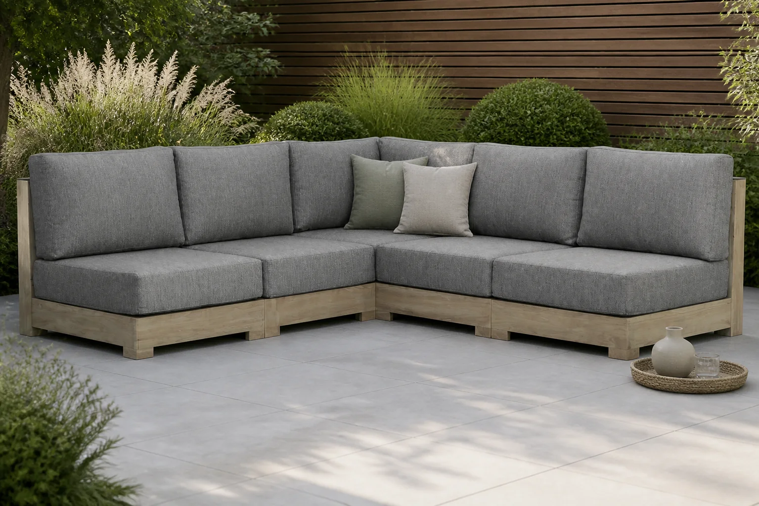 Sfeerfoto van Santika Furniture Levante hoek loungeset 5-delig – Old teak greywash