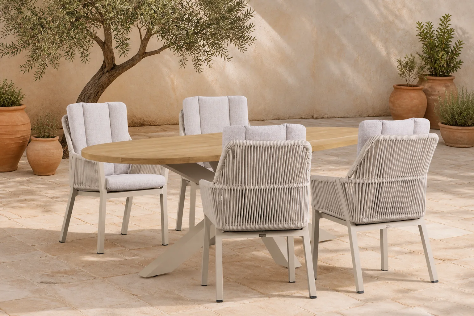 Sfeerfoto van Lifestyle Garden Furniture Verona/Brookline 200 cm dining tuinset 5-delig – Taupe-naturel-bruin