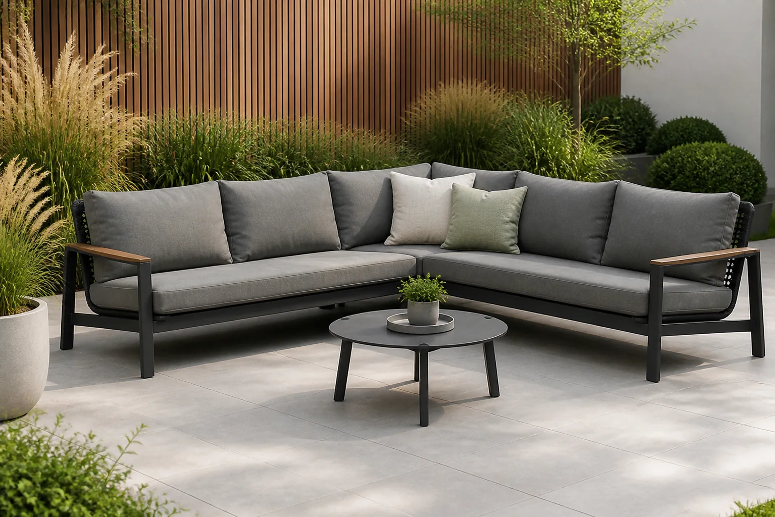 Sfeerfoto van Coco Ralph/Rimini 75 cm hoek loungeset 4-delig – Grijs-antraciet