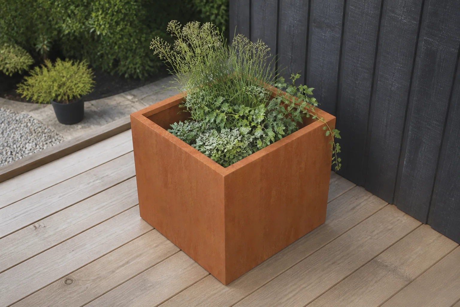 Sfeerfoto van Geroba Quadra vierkante plantenbak cortenstaal L100 x B100 x H100 cm – bruin