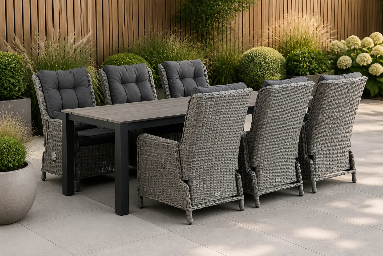 Sfeerfoto van Garden Collections Kingston/Valley 240 cm dining tuinset 7-delig – Grijs-antraciet