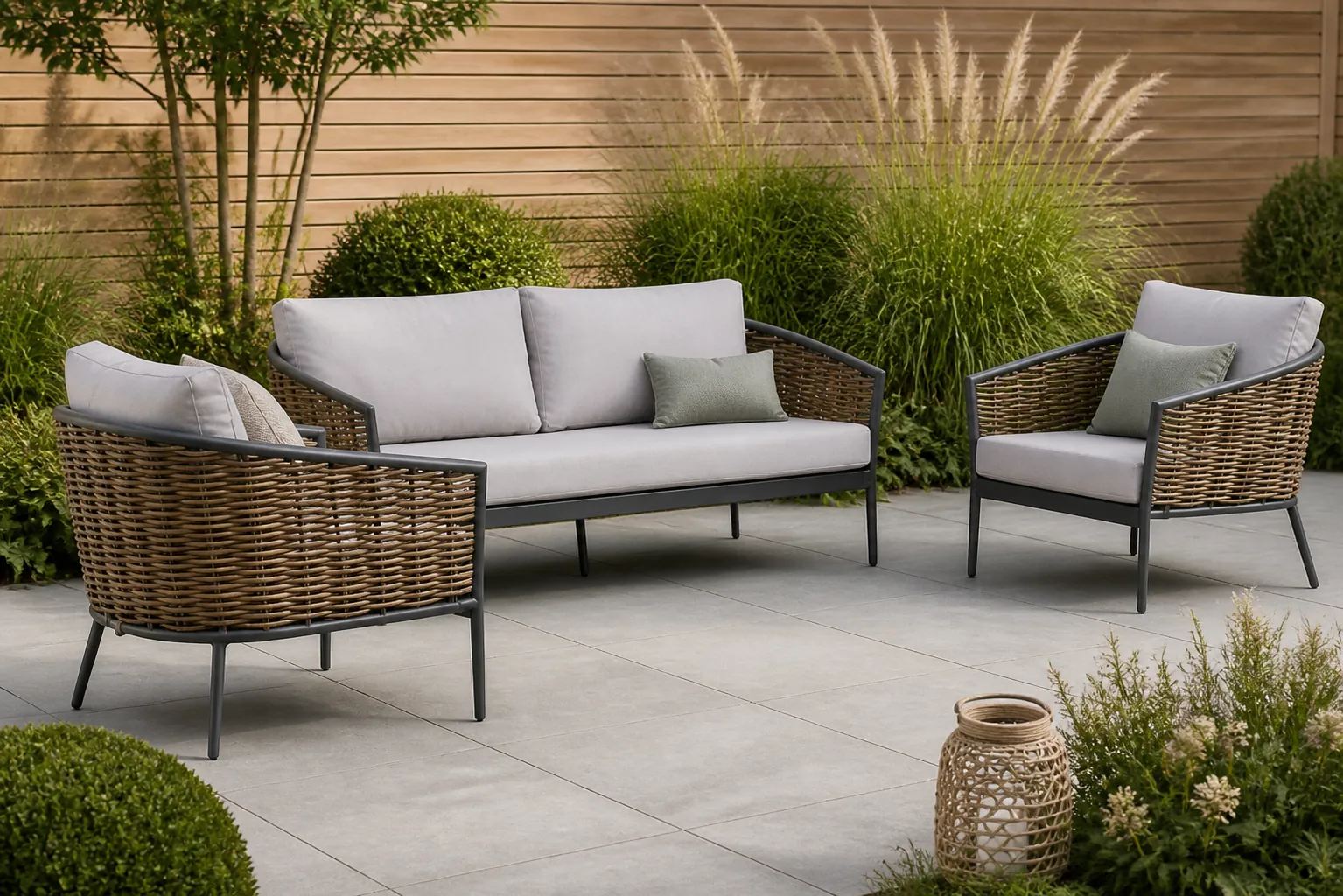 Sfeerfoto van Coco Lanai stoel bank loungeset 3-delig – Taupe-naturel-bruin