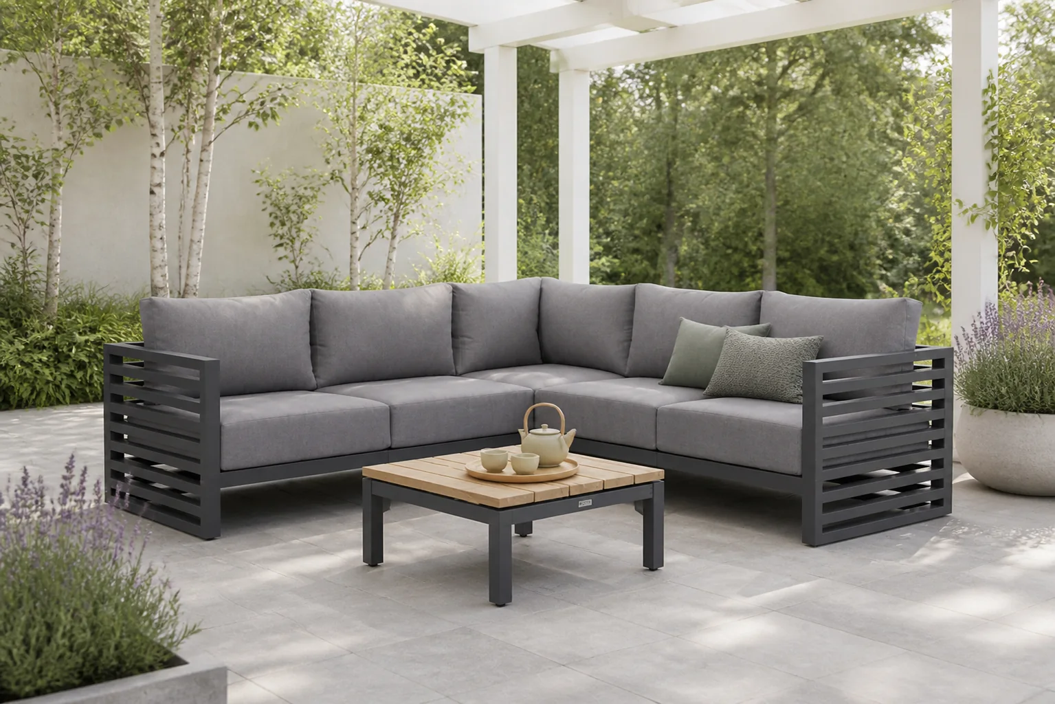 Sfeerfoto van Santika Furniture Jaya/Riviera 75 cm hoek loungeset 6-delig – Grijs-antraciet