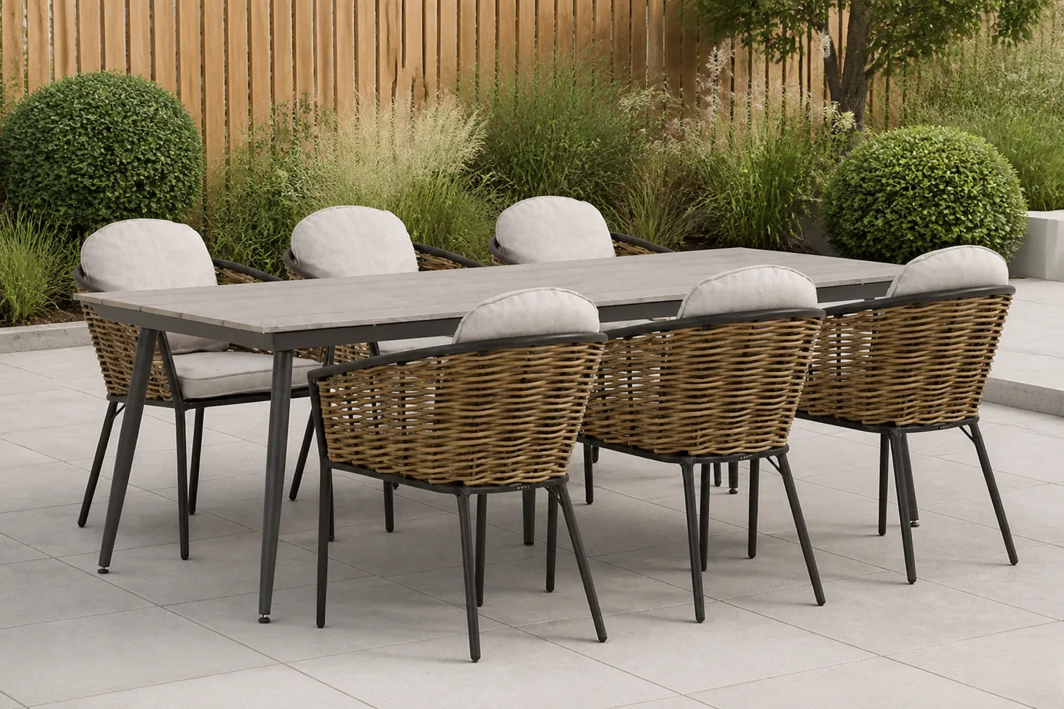 Sfeerfoto van Lifestyle Garden Furniture Nice/Matale 240 cm dining tuinset 7-delig – Grijs-antraciet