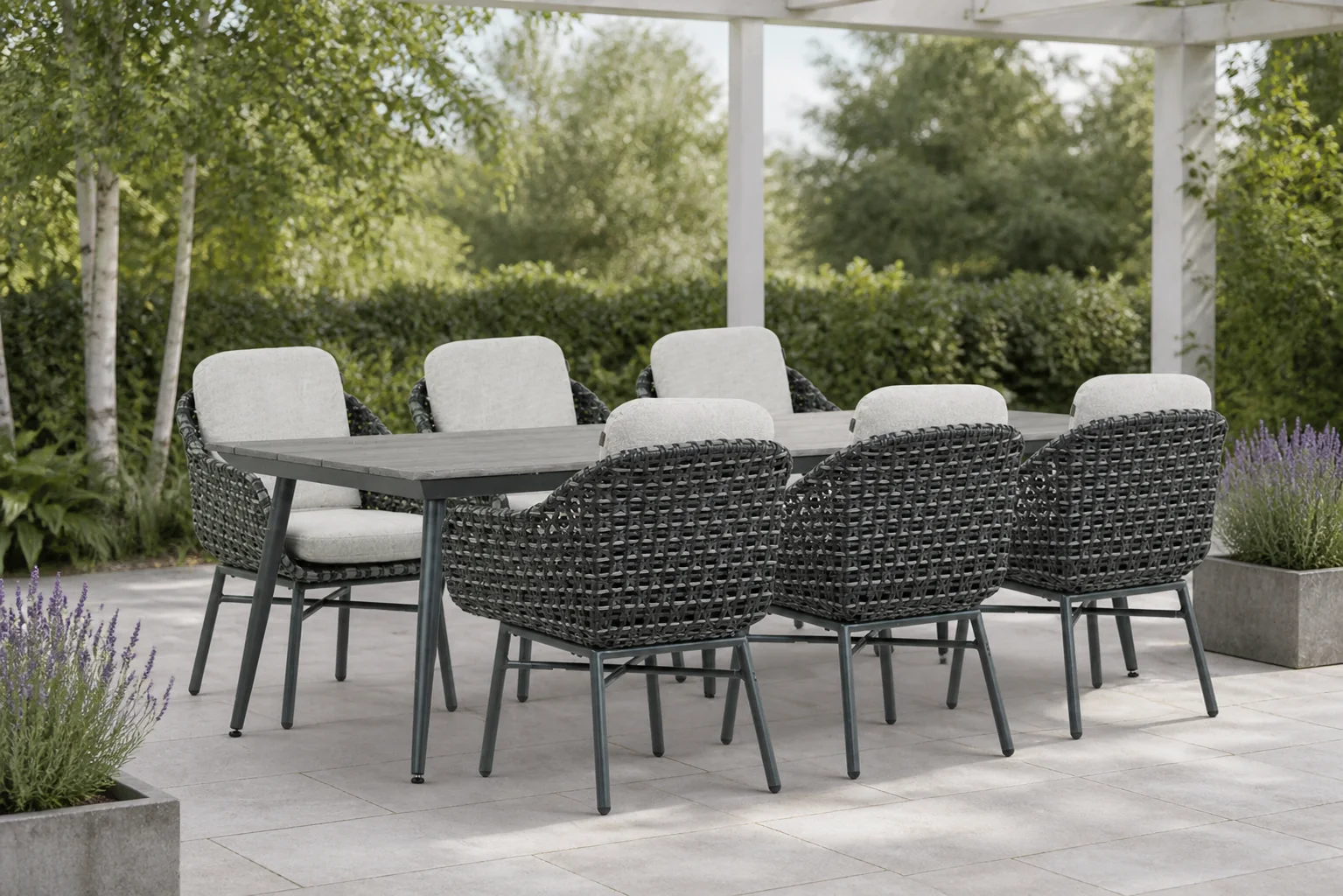 Sfeerfoto van Santika Furniture Yovan/Matale 240 cm dining tuinset 7-delig – Grijs-antraciet