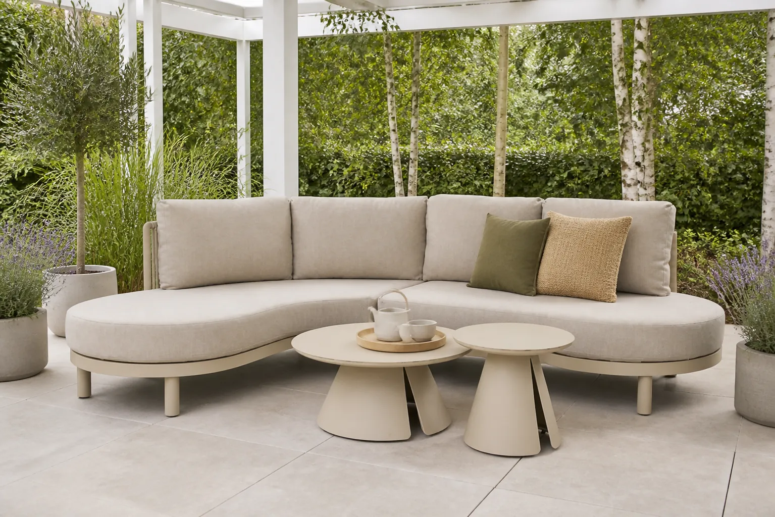 Sfeerfoto van Santika Furniture Nanda/Cayora 50/80 cm organisch loungeset 4-delig – Zand/Beige