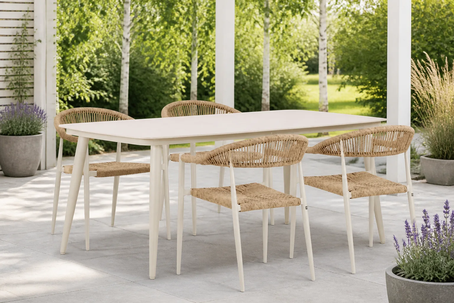 Sfeerfoto van De Laan Projects Lifestyle Granada/Vienna 180 cm dining tuinset 5-delig – Taupe-naturel-bruin