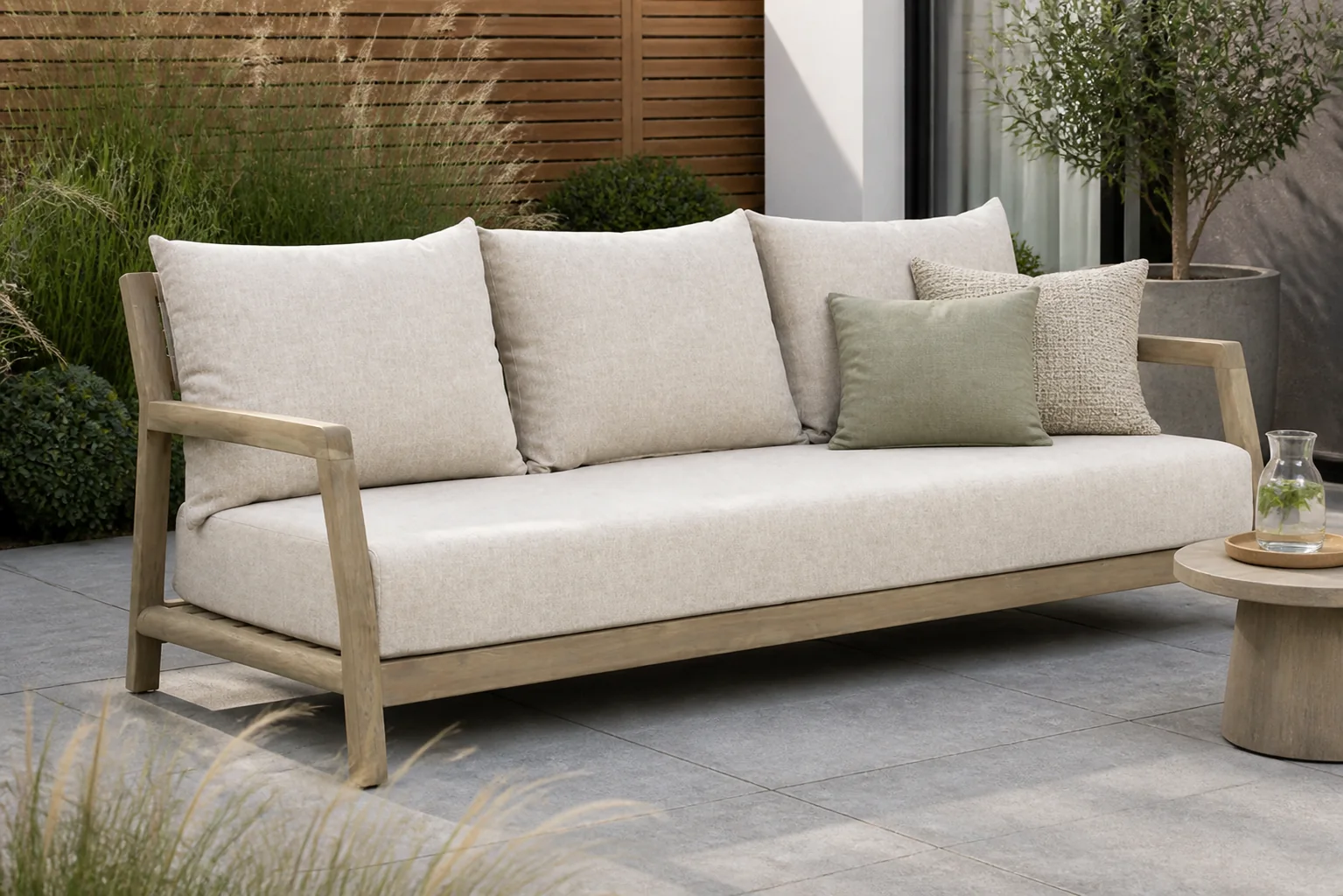 Sfeerfoto van Santika Furniture Suka lounge tuinbank 3-zits – Old teak greywash