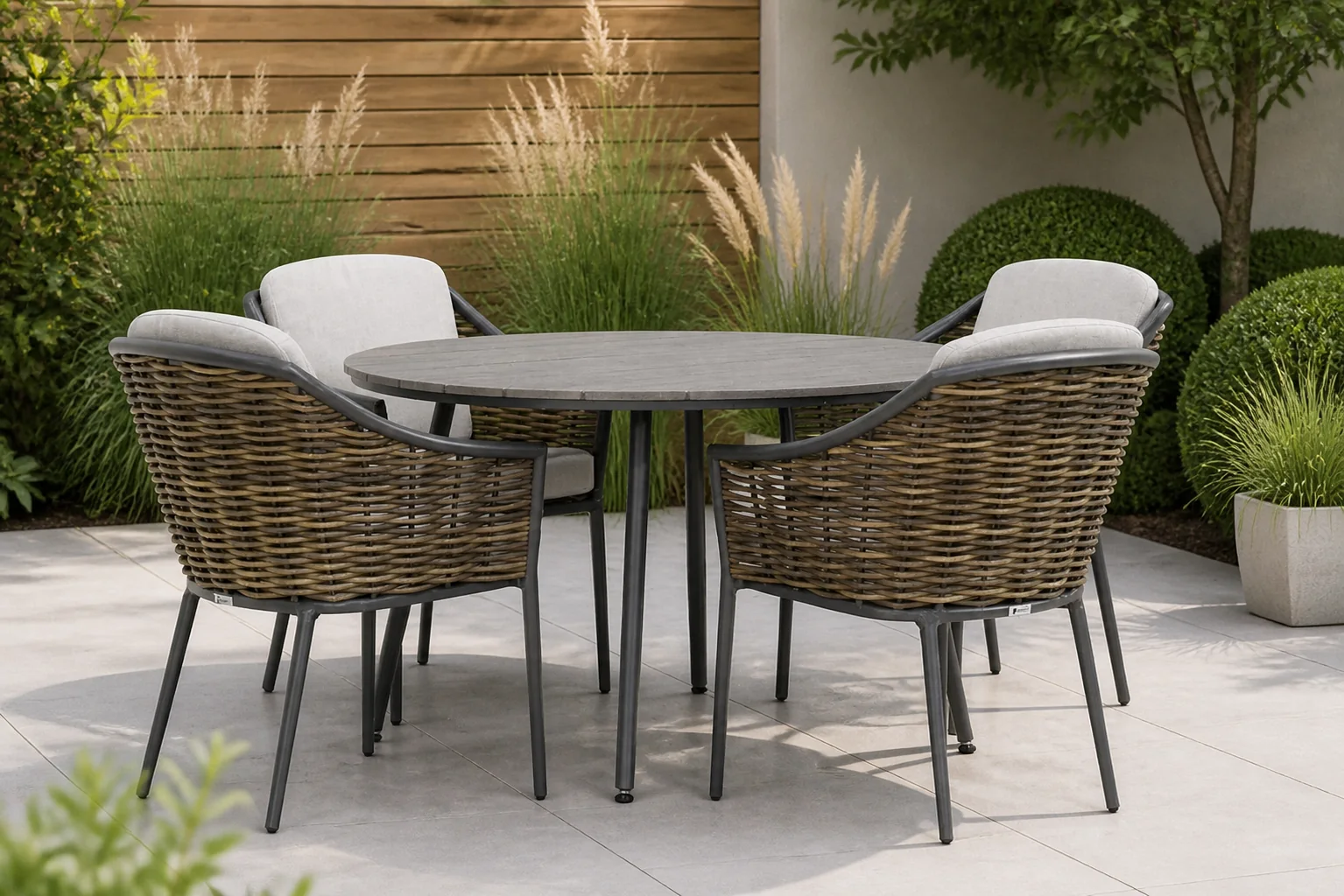 Sfeerfoto van Coco Olivine/Matale 125 cm rond dining tuinset 5-delig – Grijs-antraciet