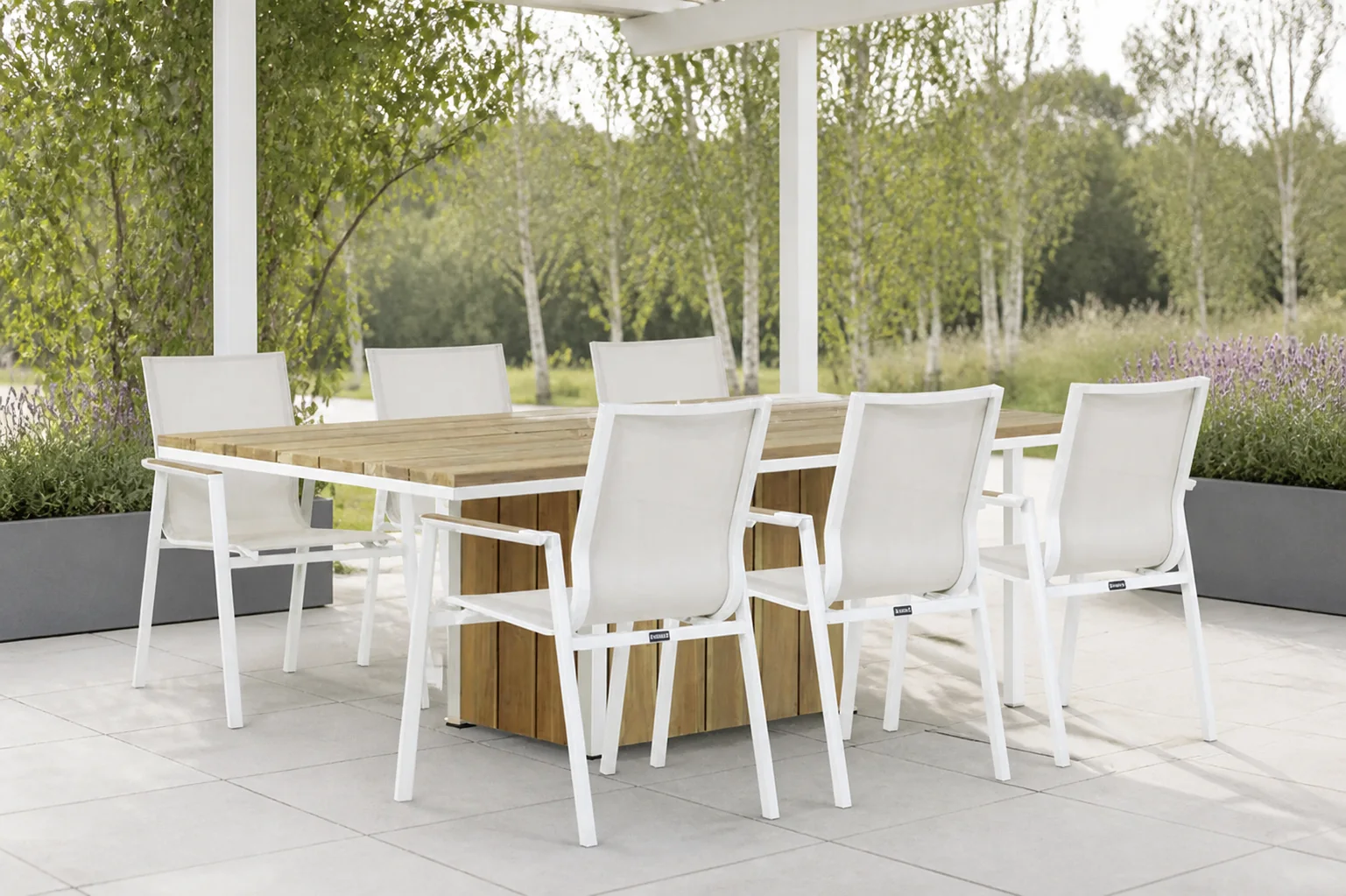 Sfeerfoto van Lifestyle Garden Furniture Fiora/Seaside 220 cm dining tuinset 7-delig – Wit