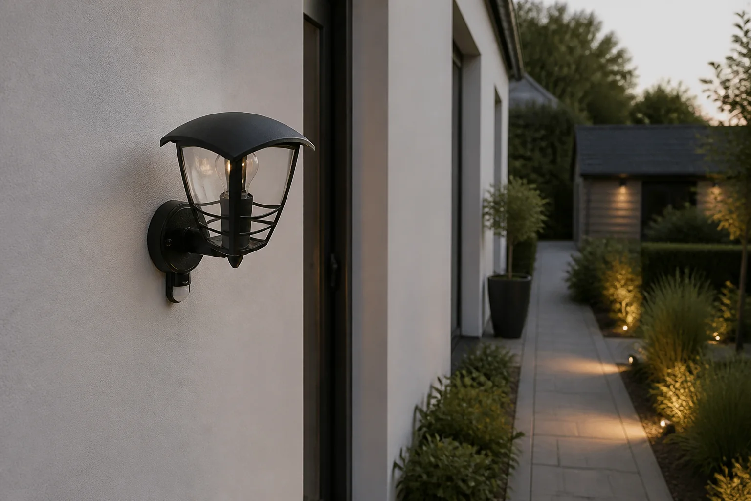 Sfeerfoto van Philips Creek buitenwandlamp met sensor zwart verlichting