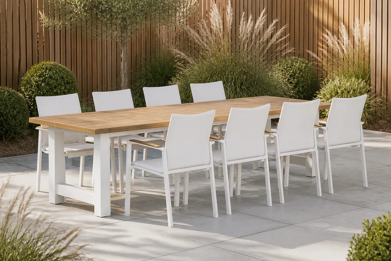 Sfeerfoto van Lifestyle Garden Furniture Brandon/Los Angeles 300 cm dining tuinset 9-delig – Wit