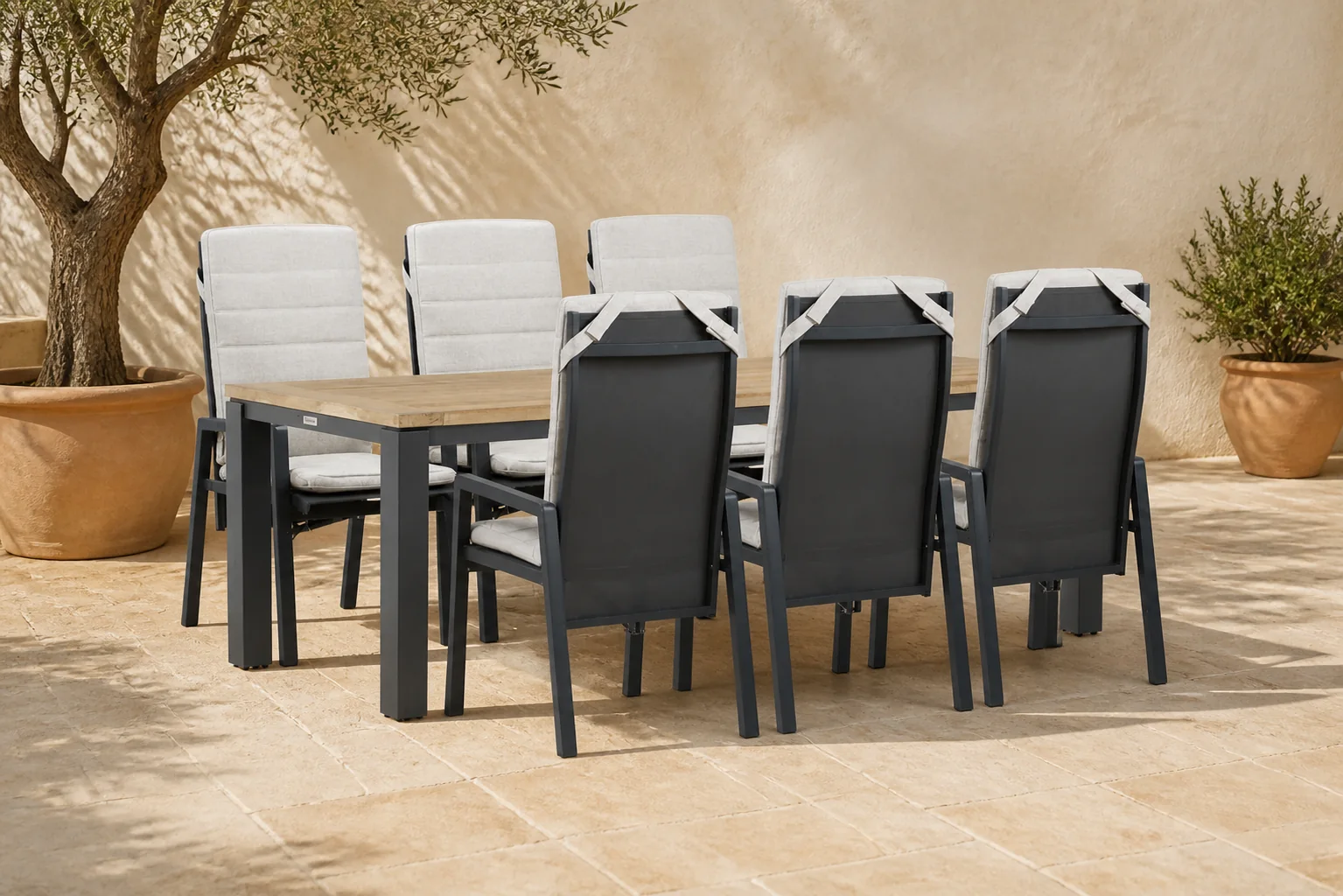 Sfeerfoto van Lifestyle Garden Furniture Vivaro/Veneto 230×90 cm dining tuinset 7-delig – Grijs-antraciet