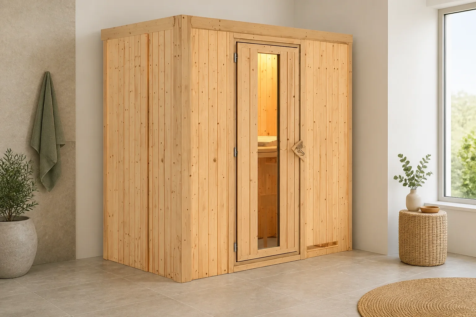Sfeerfoto van Karibu | Nanja Sauna met Dakkraag | Energiesparende Deur | Kachel 3,6 kW Geïntegreerde Bediening