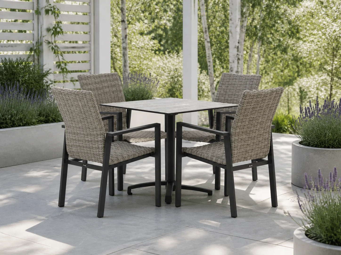 Sfeerfoto van Manifesto Furniture Villongo/Canzo 80cm dining tuinset 5-delig stapelbaar inklapbaar – Grijs