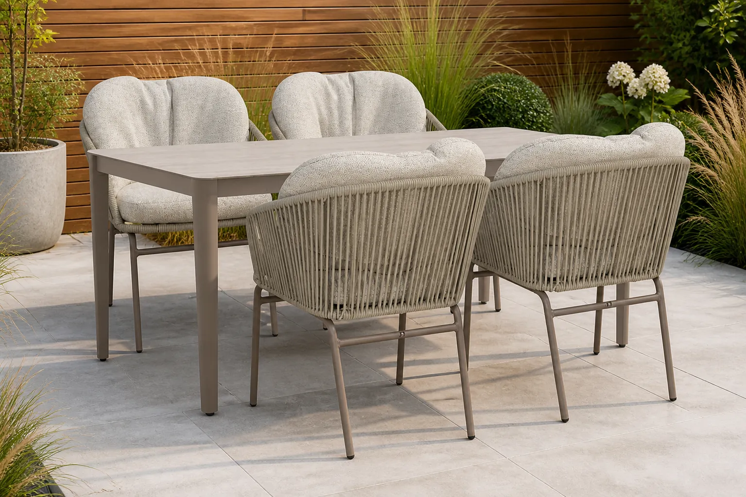 Sfeerfoto van Coco Livo/Livo 180×90 cm dining tuinset 5-delig – Taupe-naturel-bruin