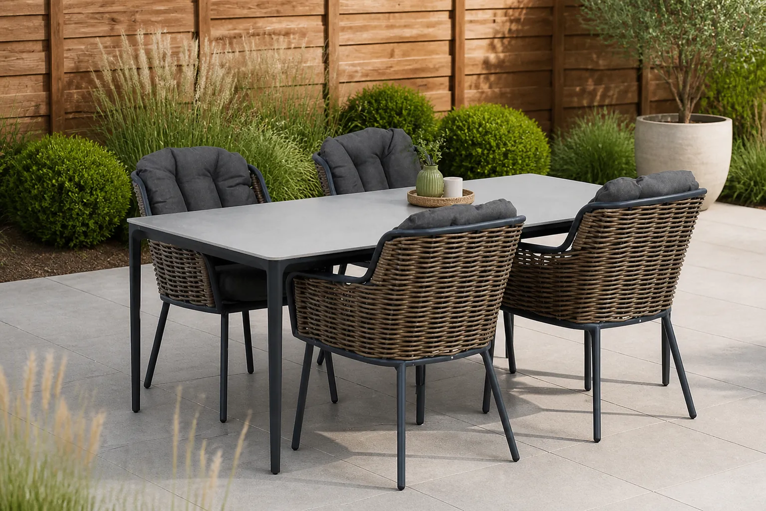 Sfeerfoto van Santika Furniture Fasano/Gianna 180 cm dining tuinset 5-delig – Grijs-antraciet