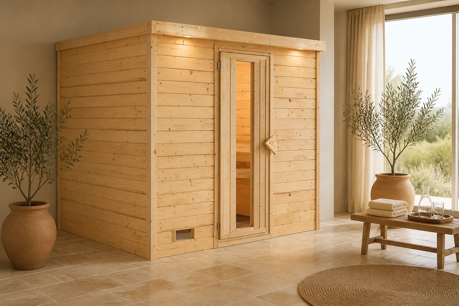 Sfeerfoto van Karibu | Sonara Sauna met Dakkraag | Helderglas Deur