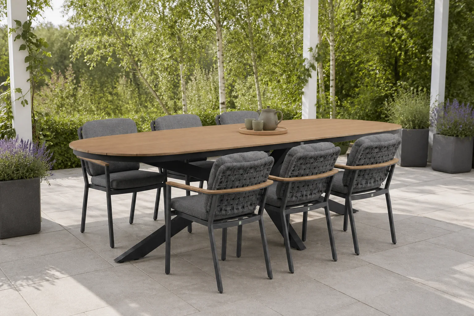 Sfeerfoto van LUX outdoor living Texas/Montana antraciet dining tuinset | 6 personen | polywood + aluminium | 260cm