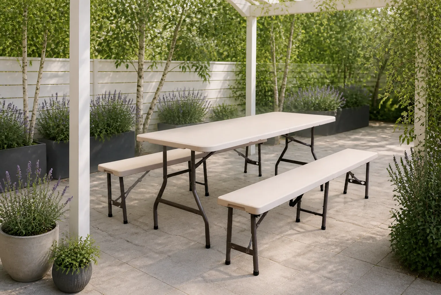 Sfeerfoto van Buitengewoon de boet Party Set Tafel en 2 Banken tuinmeubel Buitengewoon Boet