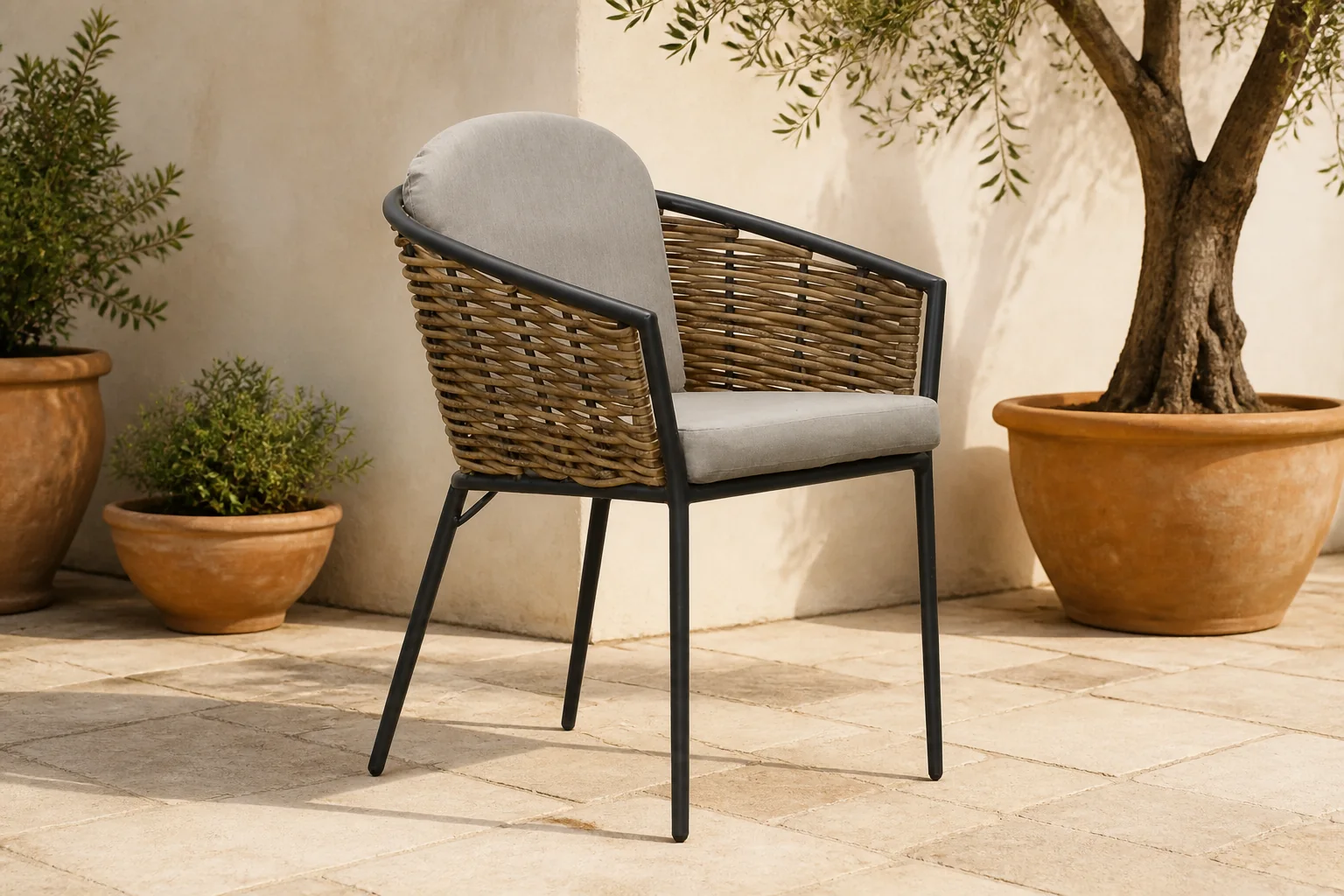 Sfeerfoto van Denza Furniture Lucca dining tuinstoel stapelbaar | wicker + aluminium | zand