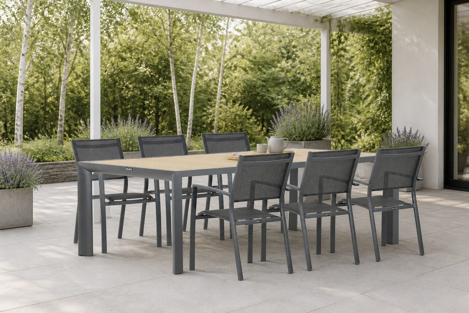 Sfeerfoto van Lifestyle Garden Furniture Sella/Borello 240 cm dining tuinset 7-delig – Grijs-antraciet