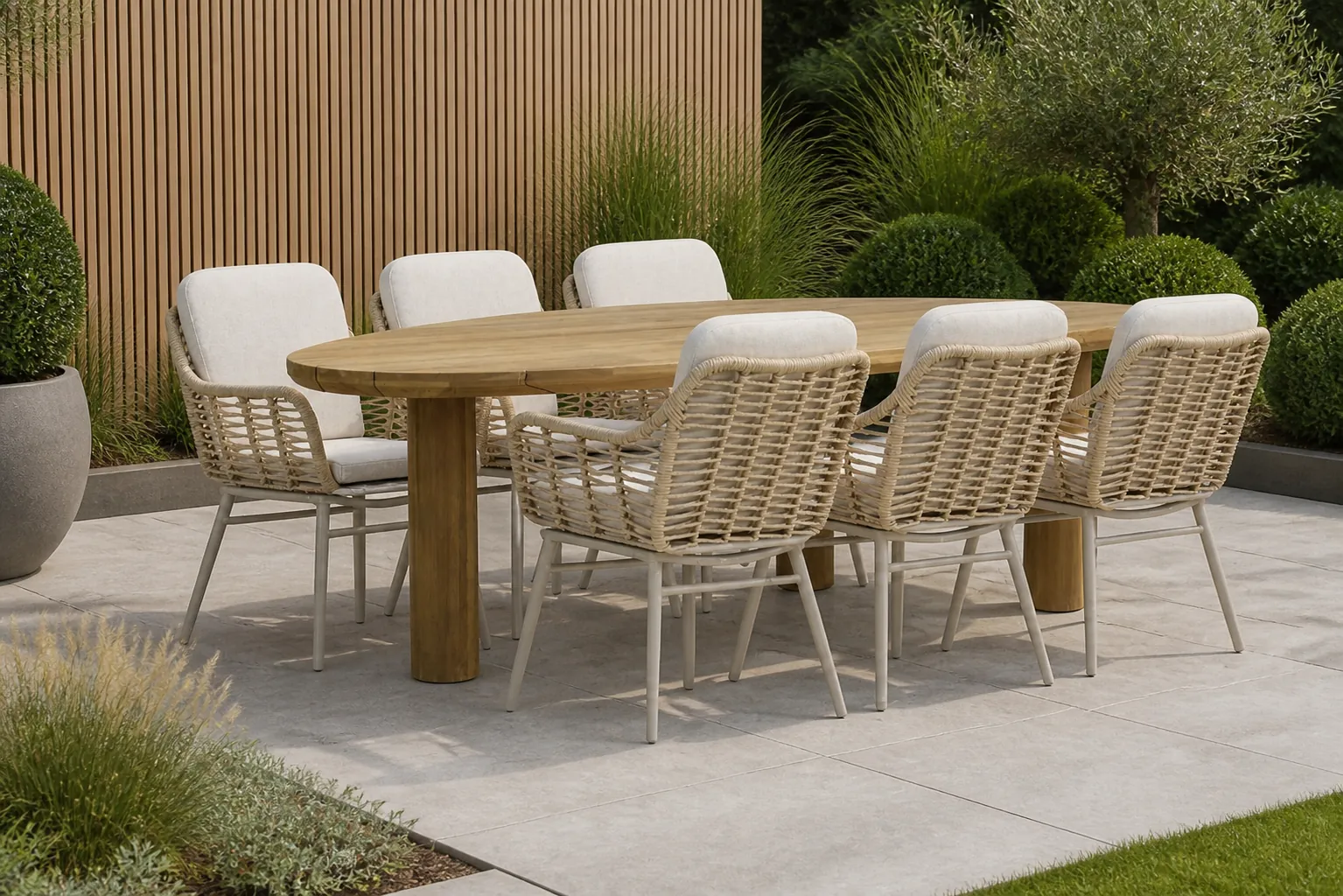 Sfeerfoto van Coco Antoni/Leafline 240 cm dining tuinset 7-delig – Taupe-naturel-bruin