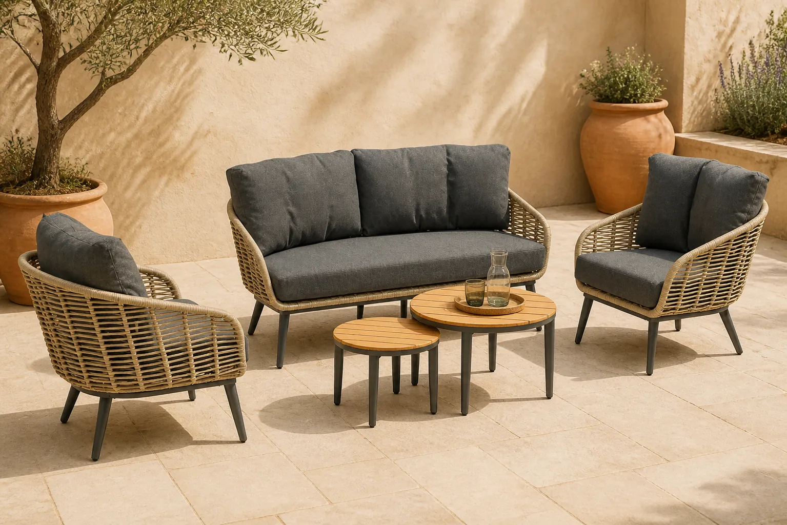 Sfeerfoto van Coco Vinci/Toscane stoel-bank loungeset 5-delig – Grijs-antraciet