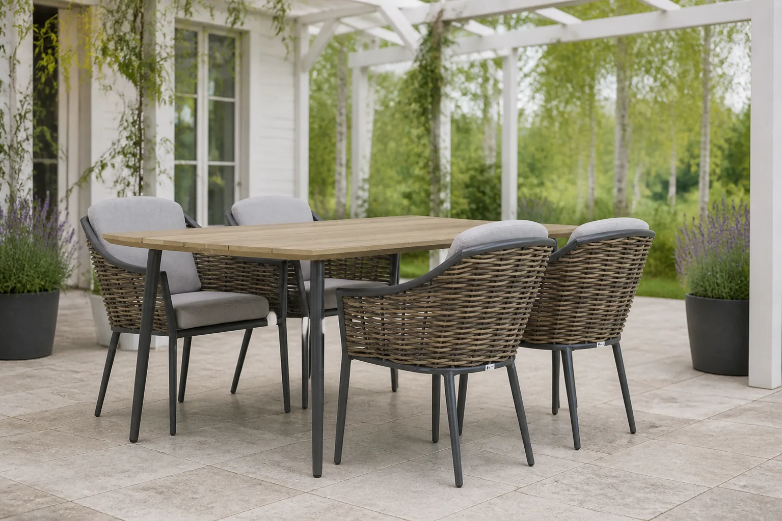 Sfeerfoto van Coco Olivine/Montana 180 cm dining tuinset 5-delig – Grijs-antraciet