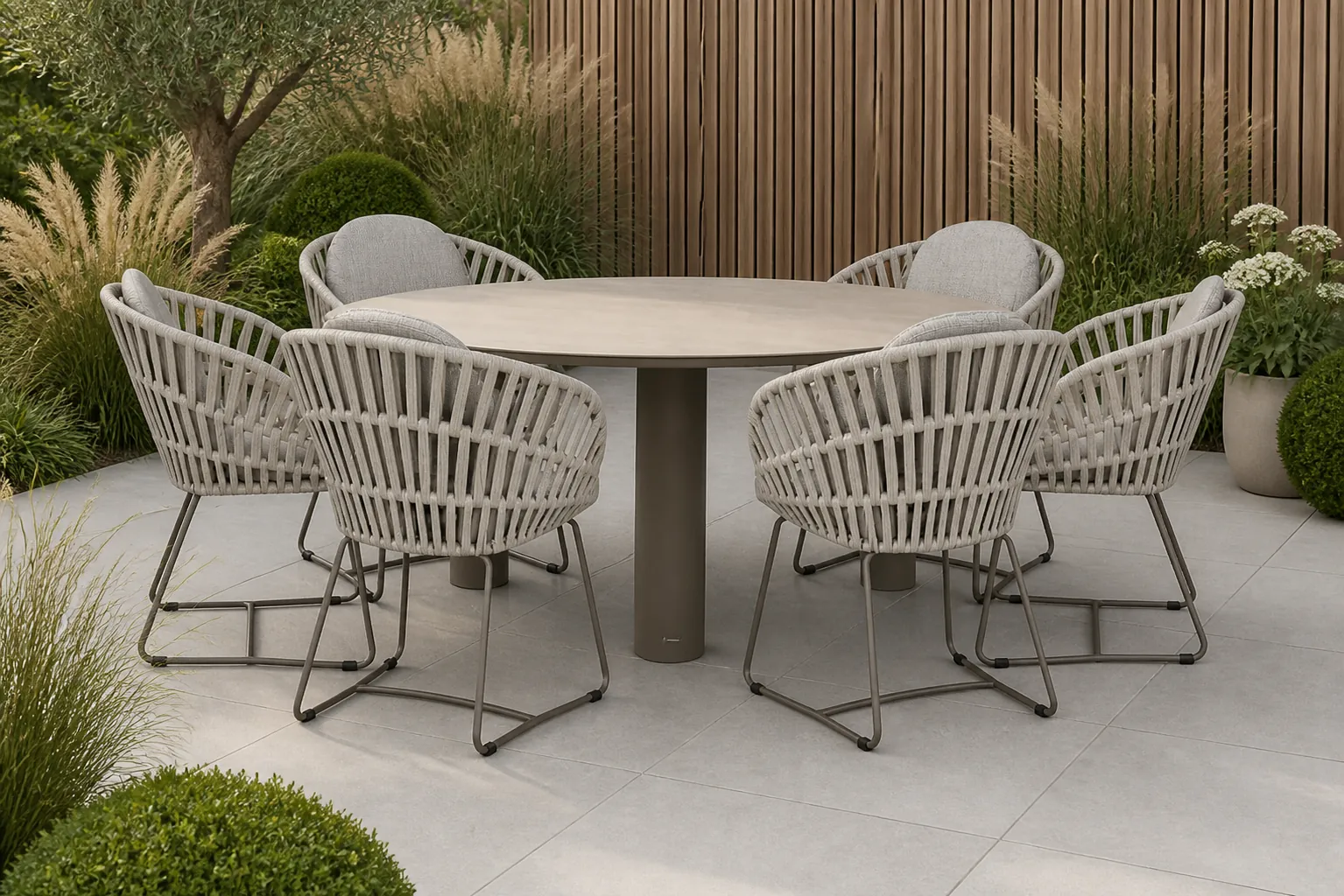 Sfeerfoto van Santika Furniture Amara/Trino 158 cm dining tuinset 7-delig – Taupe-naturel-bruin