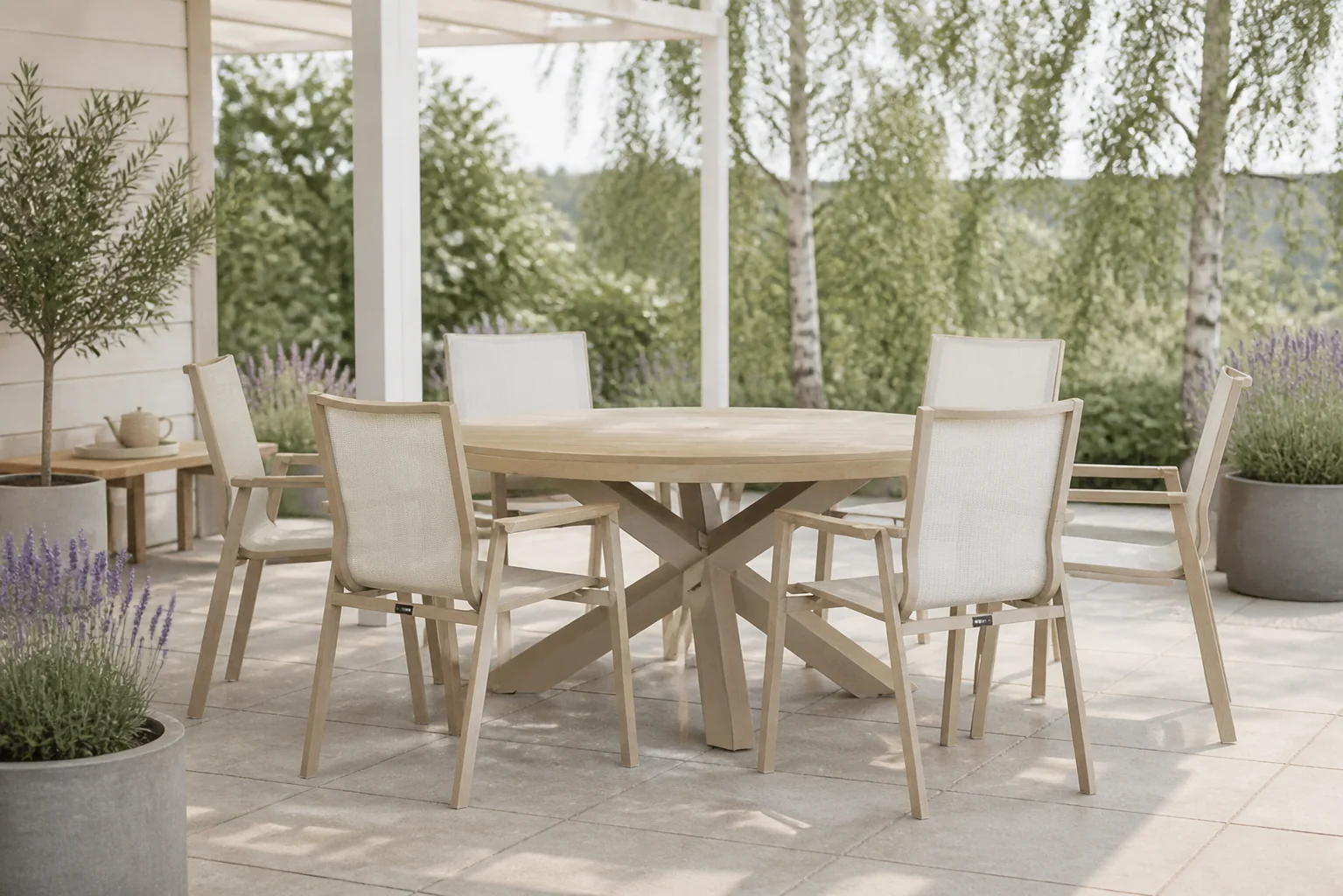 Sfeerfoto van Lifestyle Garden Furniture Fiora/Rockville 160 cm dining tuinset 7-delig – Zand/Beige