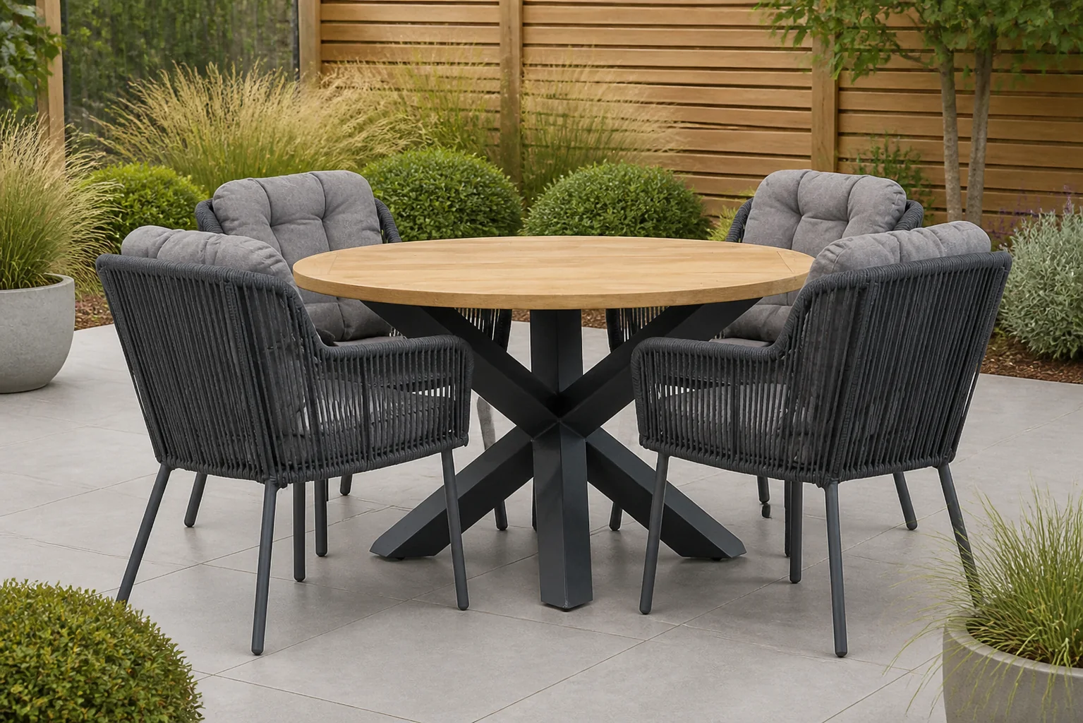 Sfeerfoto van Santika Furniture Tendenza/Rockville 120 cm dining tuinset 5-delig – Grijs-antraciet