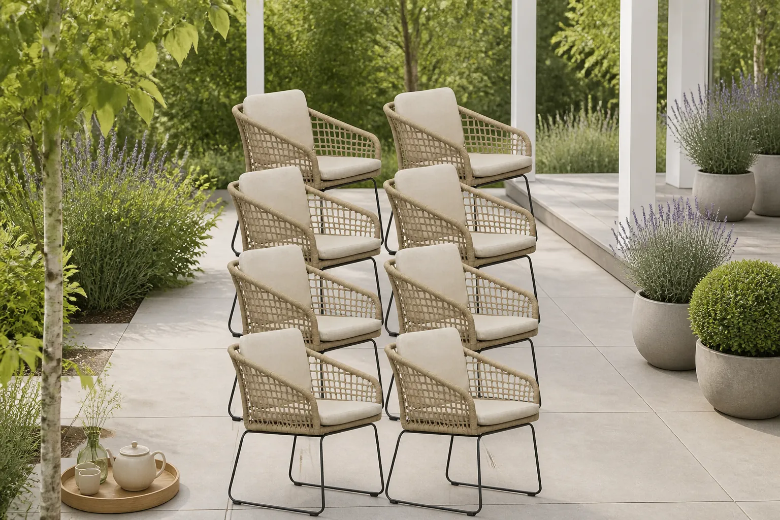 Sfeerfoto van BUITEN living Tulum dining tuinstoel set van 8 | touw + RVS | Sahara Dust – Zand