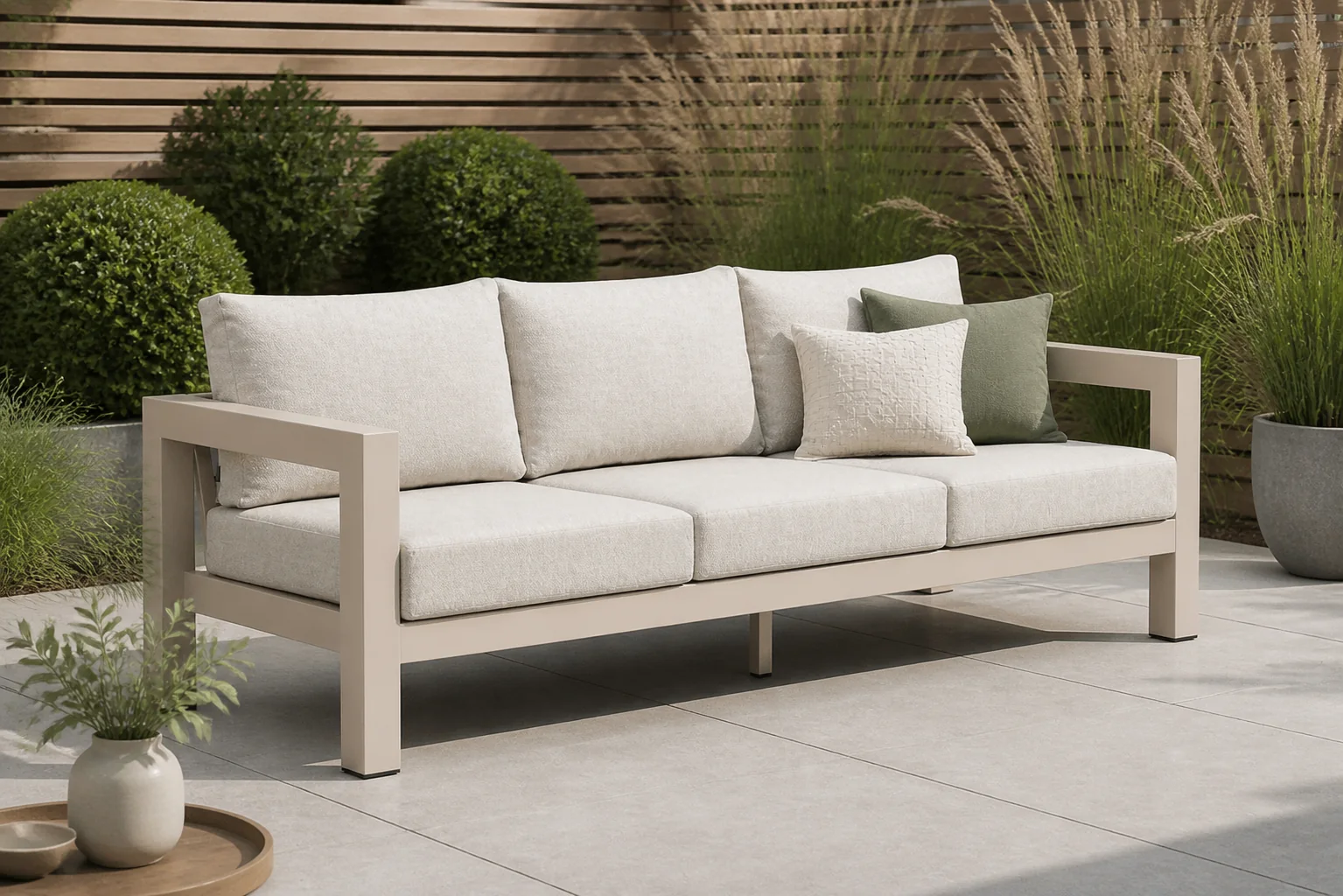 Sfeerfoto van Lifestyle Garden Furniture Luca lounge tuinbank 3-zits – Taupe-naturel-bruin