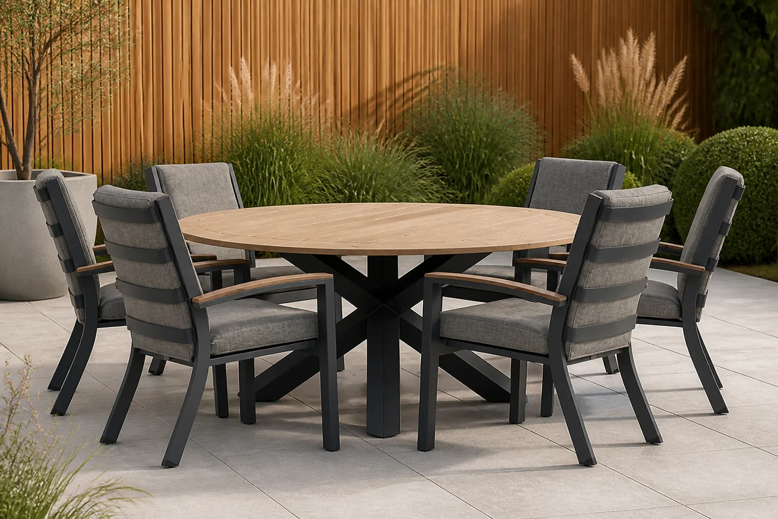 Sfeerfoto van Osmen Midura/Rockville 160 cm dining tuinset 7-delig – Grijs-antraciet