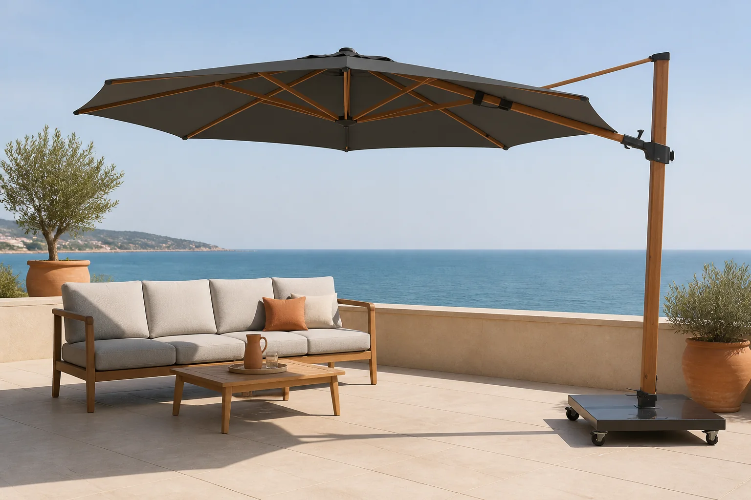 Sfeerfoto van 4so Parasol Siesta Premium 350 cm dia. antraciet met houtlook frame – grijs