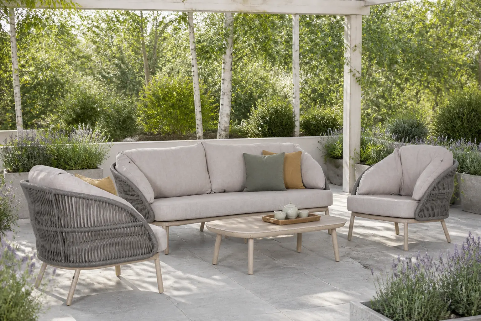 Sfeerfoto van Santika Furniture Pebble stoel-bank loungeset 4-delig – Zand/Beige