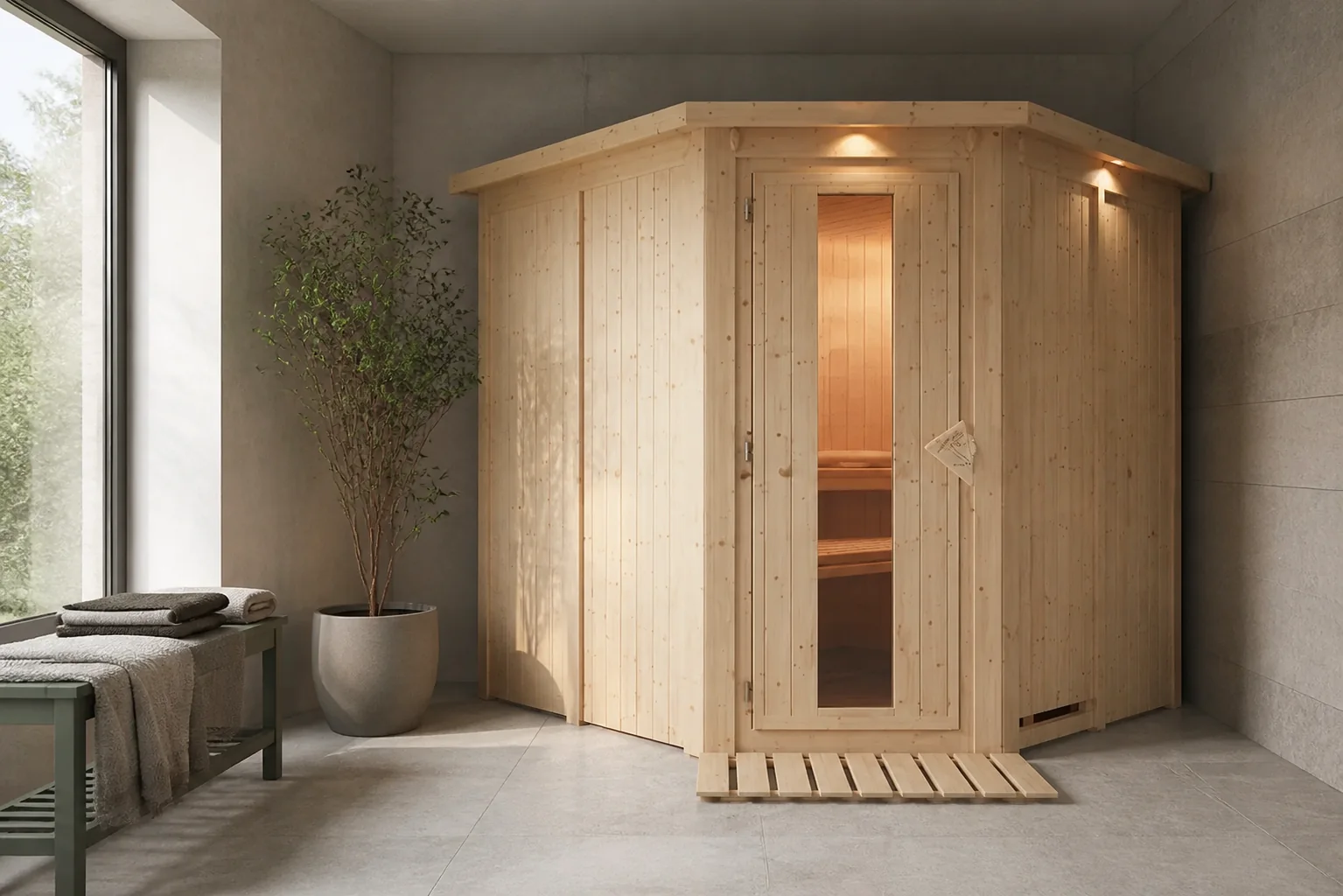 Sfeerfoto van Karibu | Jarin Sauna | Antracietglas | Kachel 9 kW Geïntegreerde Bediening