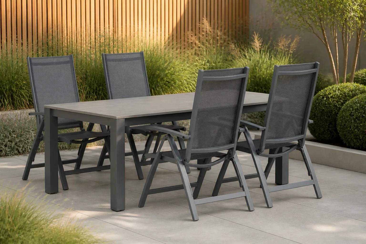 Sfeerfoto van Presto Vasto/Valley 180 cm dining tuinset 5-delig – Grijs-antraciet